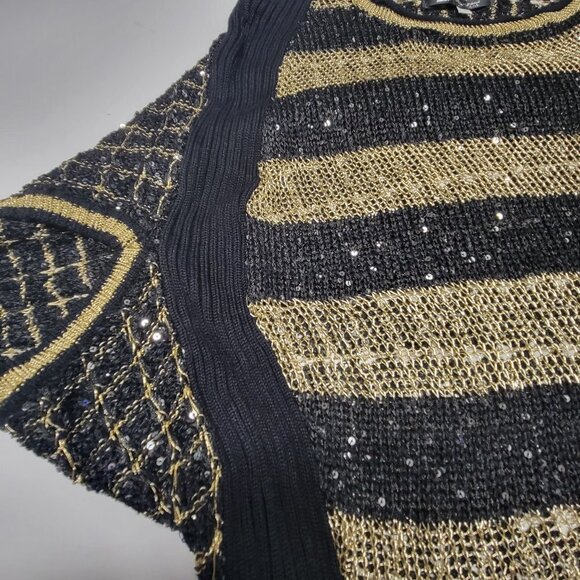 Black Gold Knit Top Metallic Sparkling Open Top Blouse- preloved - Picture 7 of 13